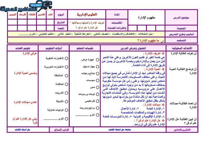 تحضير درس مفهوم الإدارة مهارات إدارية مقررات
