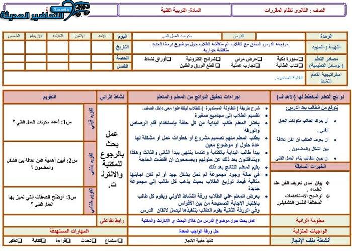 نموذج تحضير مادة التربية الفنية مقررات