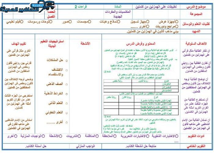 نموذج من تحضير مادة قراءات 2 مقررات