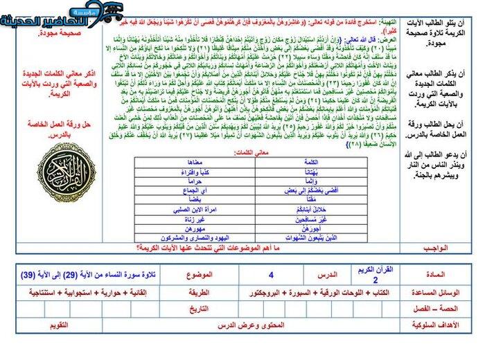 ورق عمل مادة قرآن 2 مقررات