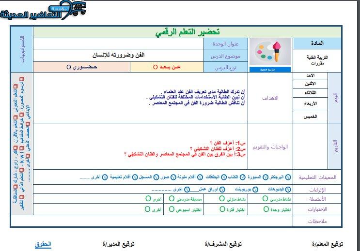 ملخص مادة التربية الفنية مقررات