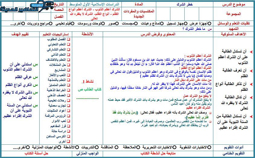 تحضير مادة الدراسات الإسلامية الصف الأول المتوسط للفصل الدراسي الثاني