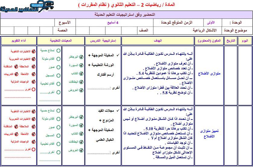 تحضير مادة الرياضيات 2 مقررات