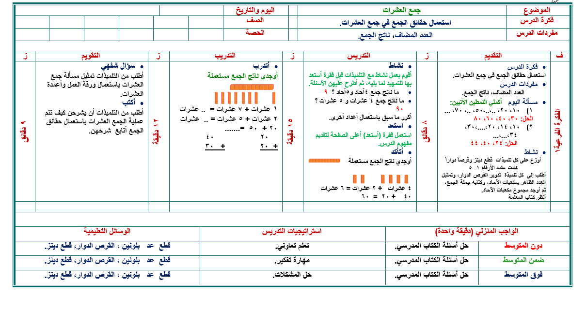 تحضير مادة الرياضيات الصف الثانى الابتدائي الفصل الدراسي الثاني