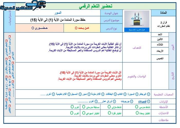 تحضير مادة القرآن الكريم 2 مقررات