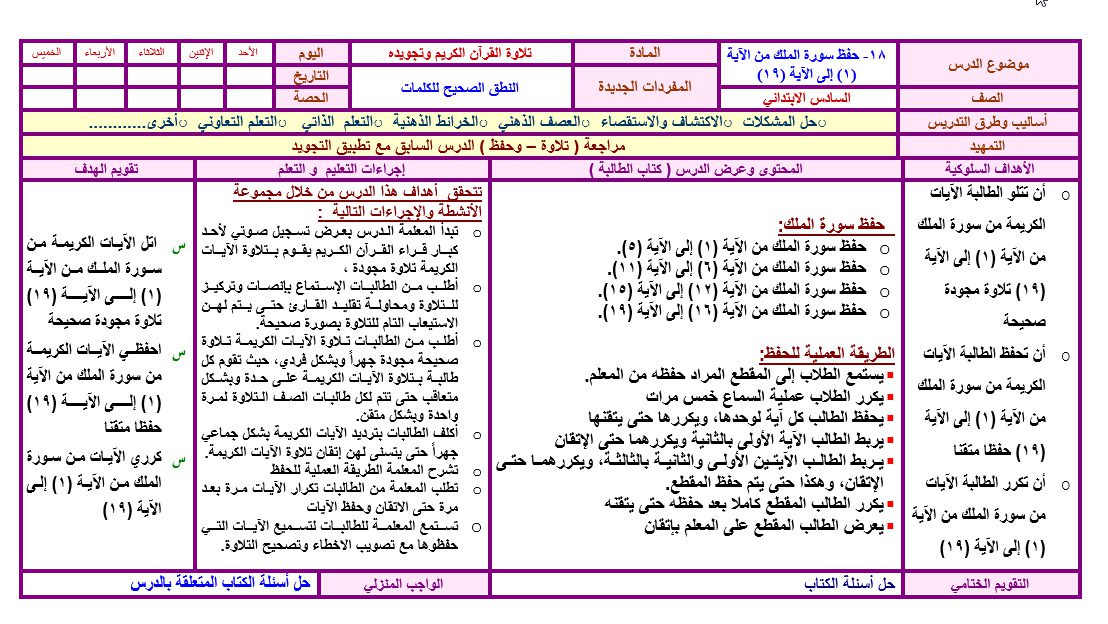 تحضير مادة القرآن الكريم للصف السادس الابتدائي الفصل الثالث تحضير مادة القرآن الكريم للصف السادس