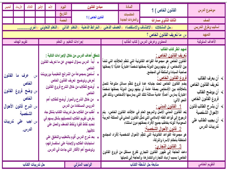 تحضير مادة مبادئ القانون ثالث ثانوي الفصل الثاني تحضير مادة مبادئ القانون ثالث ثانوي الفصل الثاني