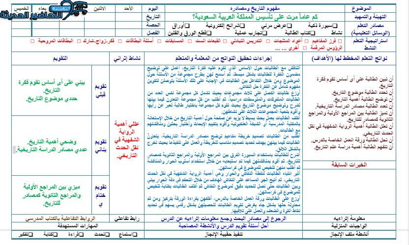 نموذج من تحضير مادة التاريخ مقررات