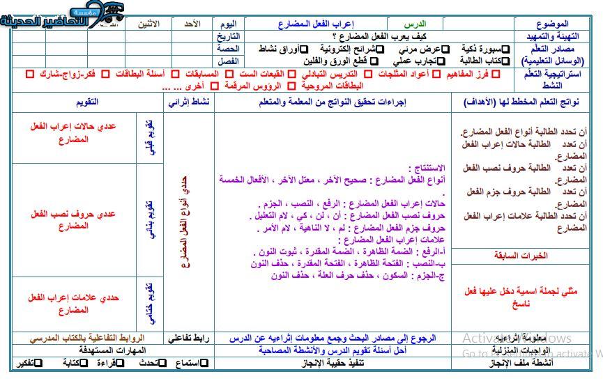 نموذج من تحضير مادة كفايات لغوية 1 مقررات