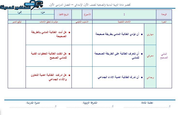 تحضيردرس المشي الصحيح التربية البدنية الصف الأول الابتدائي