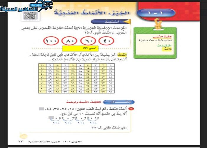 حل أسئلة درس الجبر الأنماط العددية رياضيات الصف الثالث الابتدائي الفصل الدراسي الاول