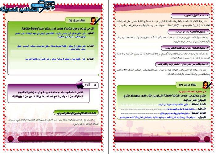 حل اسئلة درس العادات الغذائية بين الخطأ والصواب مادة التربية الصحية والنسوية مقررات