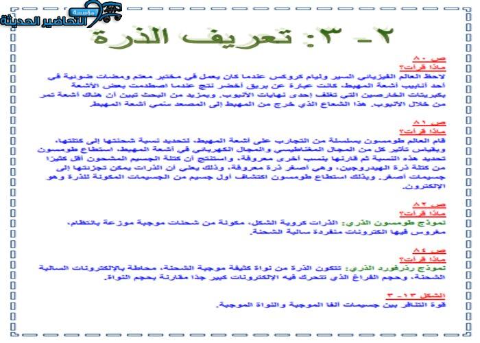 حل اسئلة درس تعريف الذرة مادة كيمياء 1 مقررات