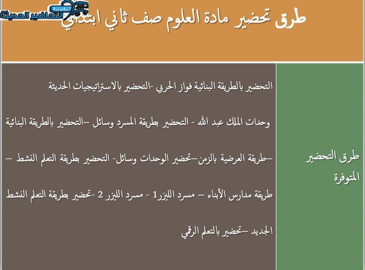 طرق تحضير لمادة العلوم الصف الثاني الابتدائي 
