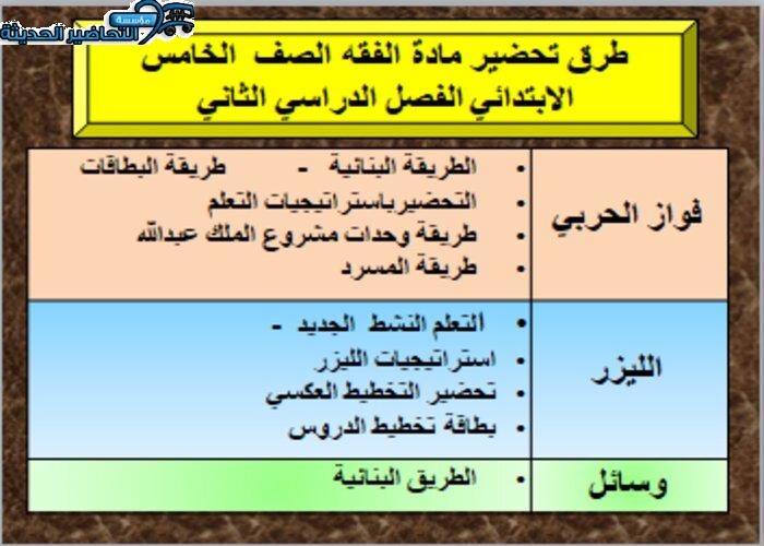 تحضير مادة الفقه بطريقة فواز الحربي للصف الخامس الإبتدائي الفصل الدراسي الثاني