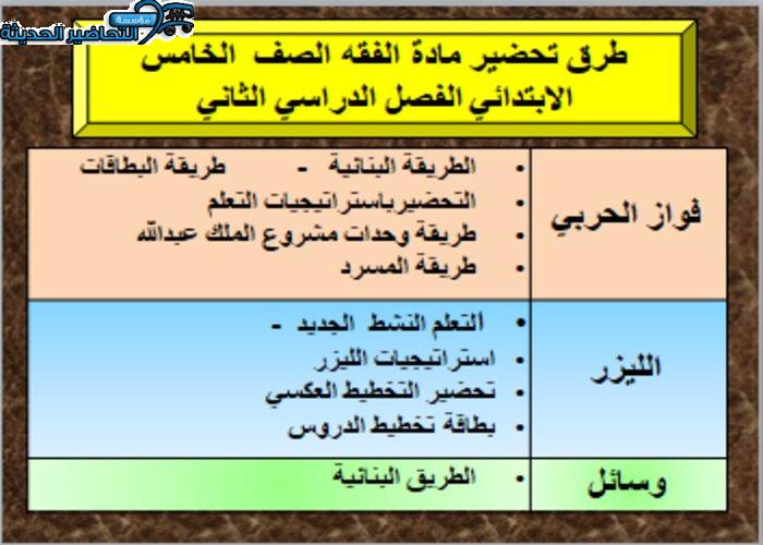 طرق تحضير مادة الفقه للصف الخامس الابتدائي الفصل الدراسي الثاني