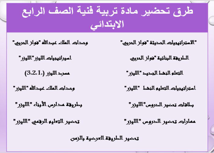 طرق تحضير مادة تربية فنية الصف الرابع الابتدائي