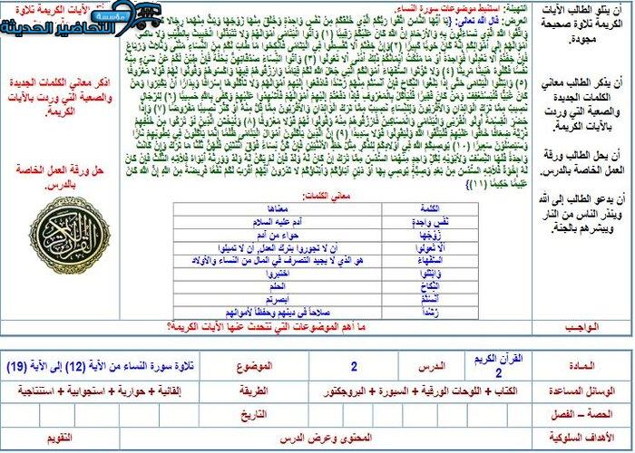 تحضير مادة قرآن كريم 2 مقررات