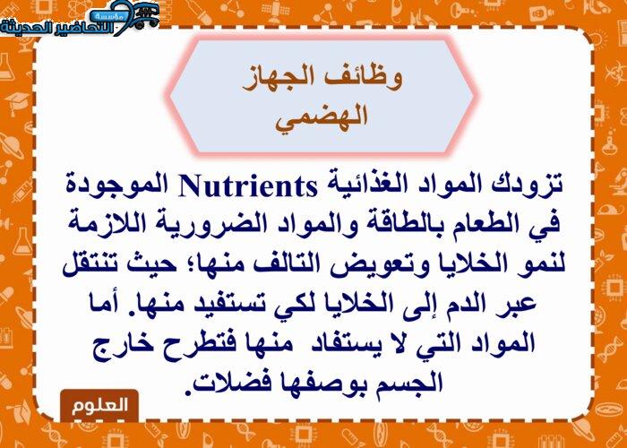 عروض بوربوينت درس الجهاز الهضمي والمواد الغذائية مادة العلوم ثاني متوسط