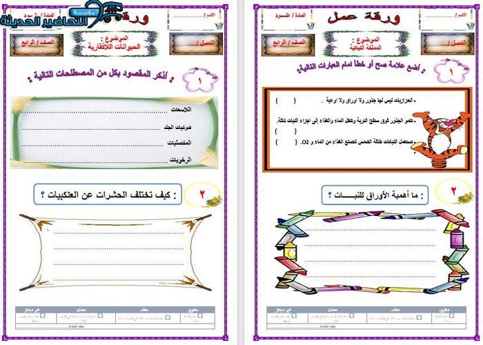 عينة ورق عمل علوم الصف الرابع الابتدائي الفصل الأول مدرستي