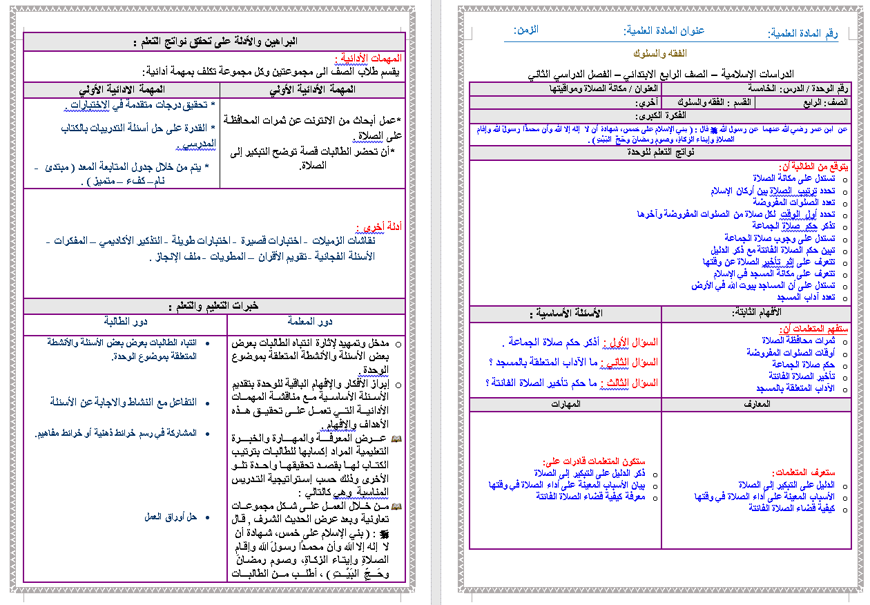 دراسات اسلامية بطريقة التخطيط العكسي للفصل الدراسي الثاني 1442هـ