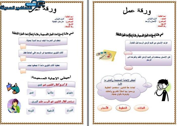 مفردات الدرس التربية الفنية الصف الأول الابتدائي الفصل الأول مدرستي