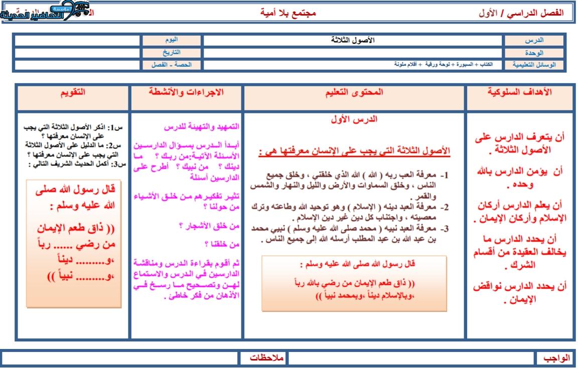 مفردات الدرس مادة علوم دينية التعليم المستمر الفصل الأول مدرستي