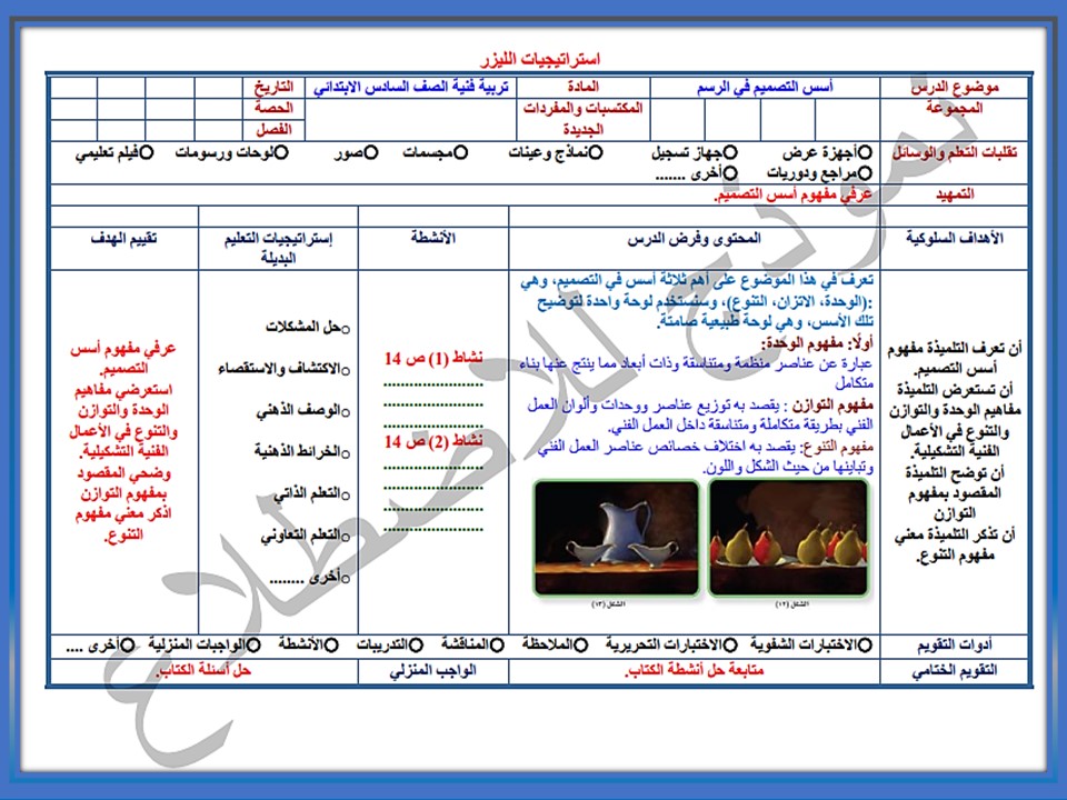 مفردات الدرس منصة مدرستي التربية الفنية الصف السادس الابتدائي الفصل الثاني