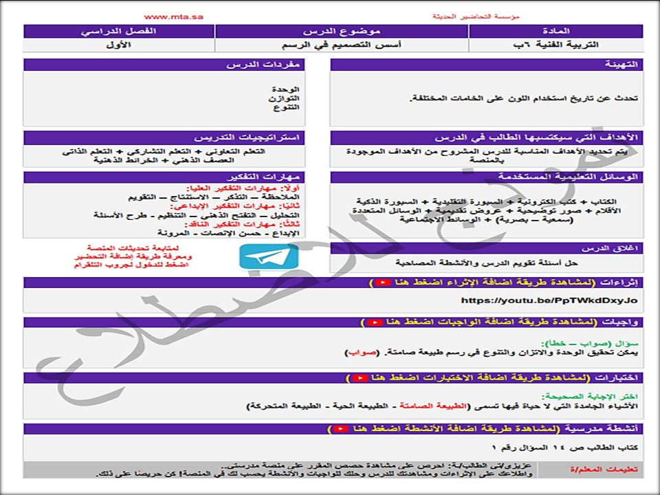 مفردات الدرس منصة مدرستي التربية الفنية الصف السادس الابتدائي الفصل الثاني