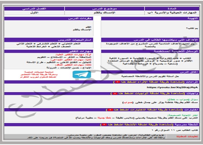 مفردات الدرس منصه مدرستى مادة المهارات الحياتية الصف الأول الابتدائي الفصل الثاني