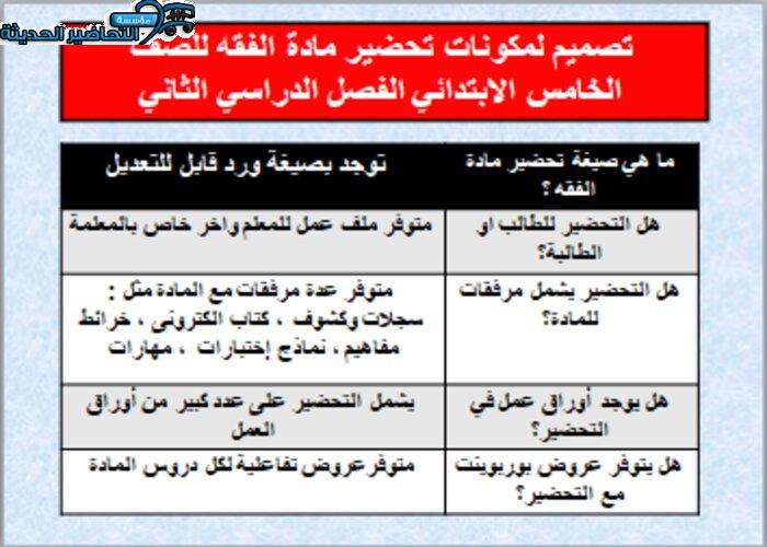 تحضير مادة الفقه بطريقة فواز الحربي للصف الخامس الإبتدائي الفصل الدراسي الثاني