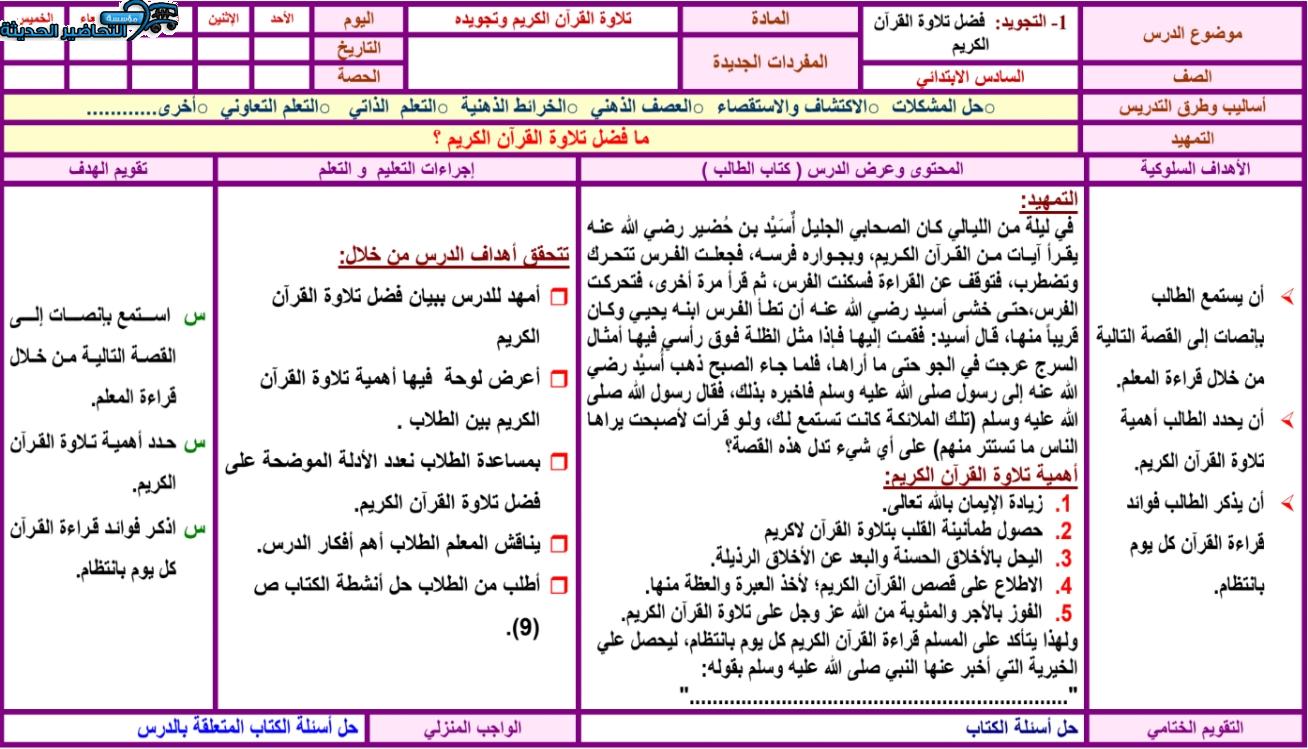 مهارات التفكير قرآن كريم الصف السادس الابتدائي الفصل الأول مدرستي