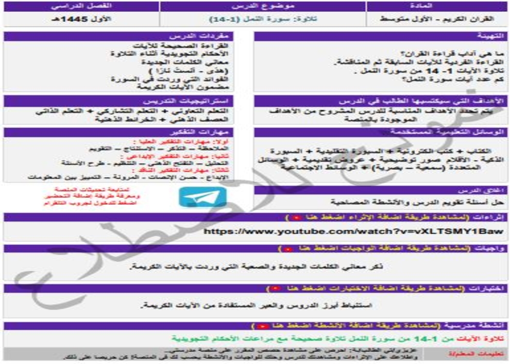 مهارات التفكير منصه مدرستى قرآن كريم الصف الأول متوسط الفصل الثاني