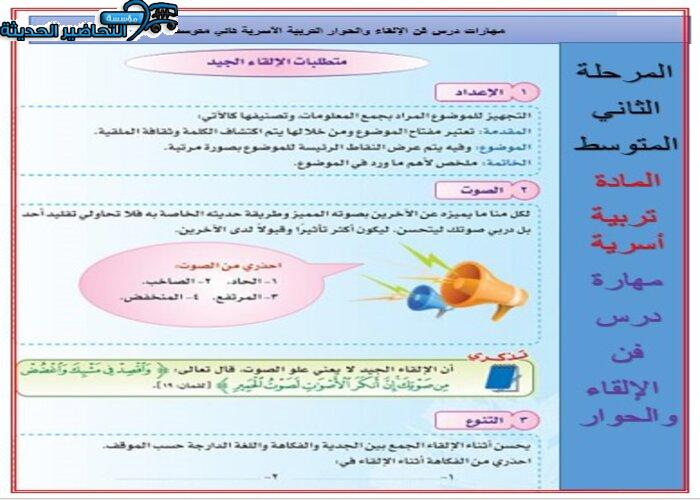 مهارات درس فن الإلقاء والحوار التربية الأسرية ثاني متوسط