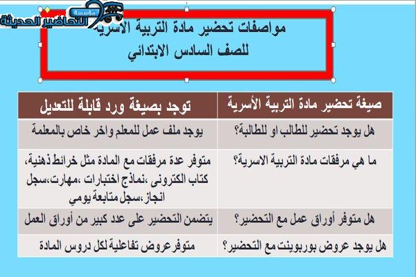 مواصفات تحضير مادة التربية الأسرية للصف السادس الإبتدائي الفصل الدراسي الأول