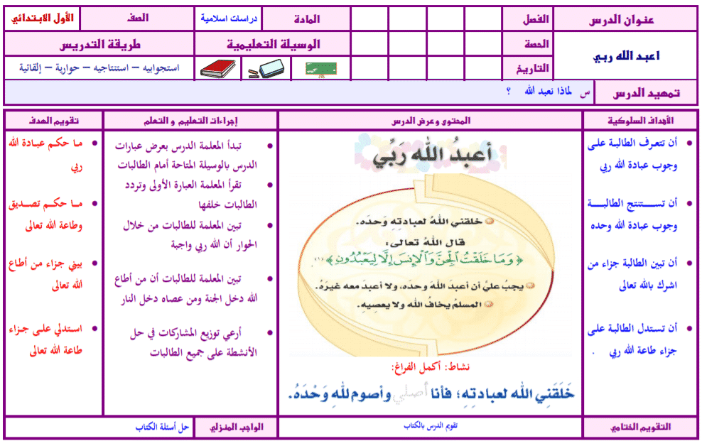 نماذج تحاضير الدروس مادة الدراسات الاسلامية الصف الاول الابتدائي الفصل الدراسي الثاني 1442 هـ