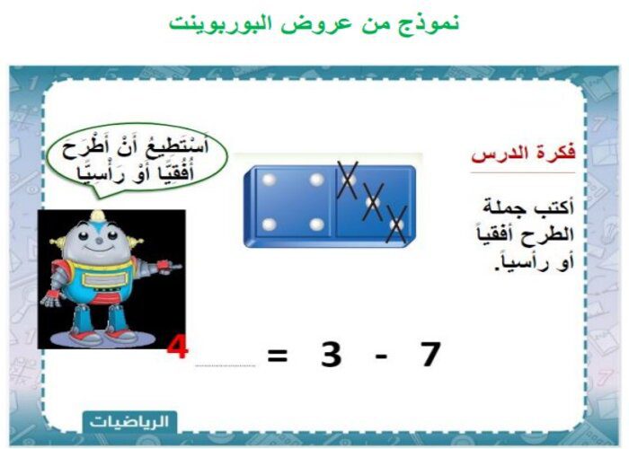 نموذج بوربوينت درس لمادة الرياضيات للصف الأول الابتدائي