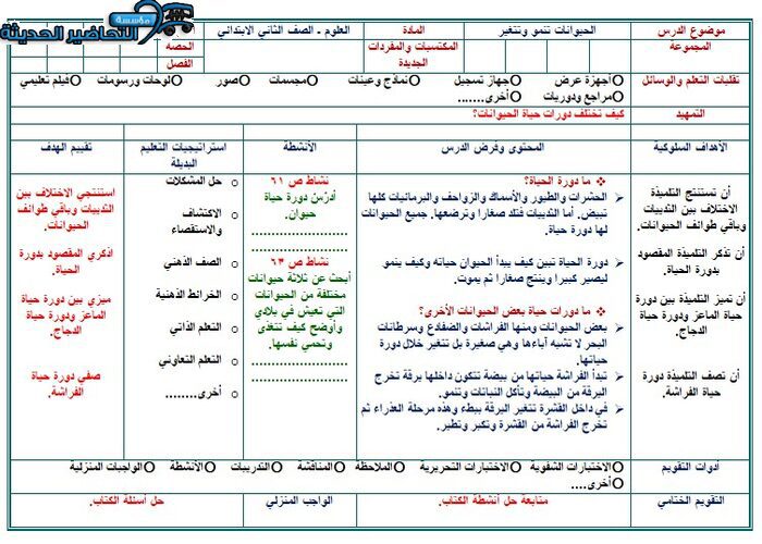 نموذج تحضير درس الحيوانات تنمو وتتغير لمادة العلوم الصف الثاني الابتدائي