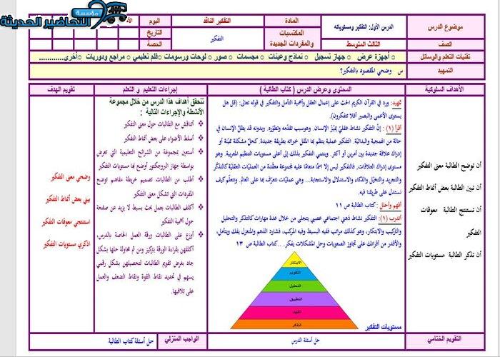 نموذج تحضير درس لمادة التفكير الناقد ثالث متوسط الفصل الدراسي الاول