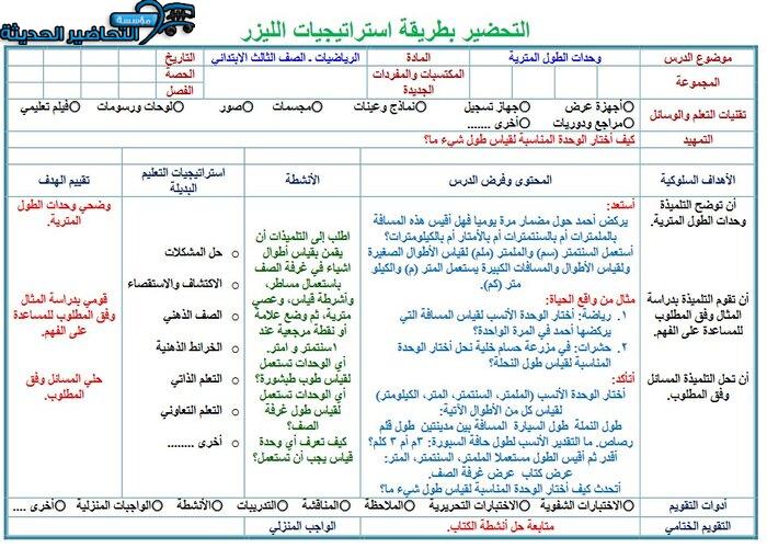 نموذج تحضير درس لمادة الرياضيات الصف الثالث الابتدائي فصل دراسي ثاني   