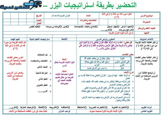  نموذج تحضير درس لمادة قرآن صف أول متوسط 