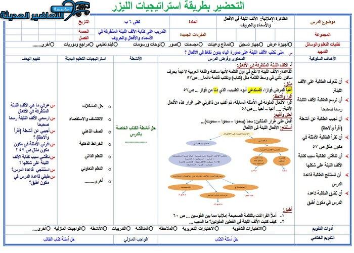 نموذج تحضير درس مادة لغتى للصف السادس الابتدائي الفصل الدراسي الأول