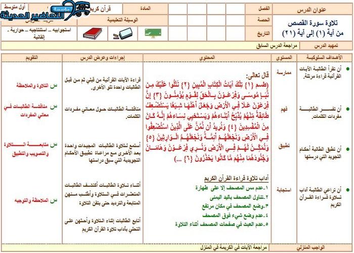 تحضير القرأن للصف الأول المتوسط