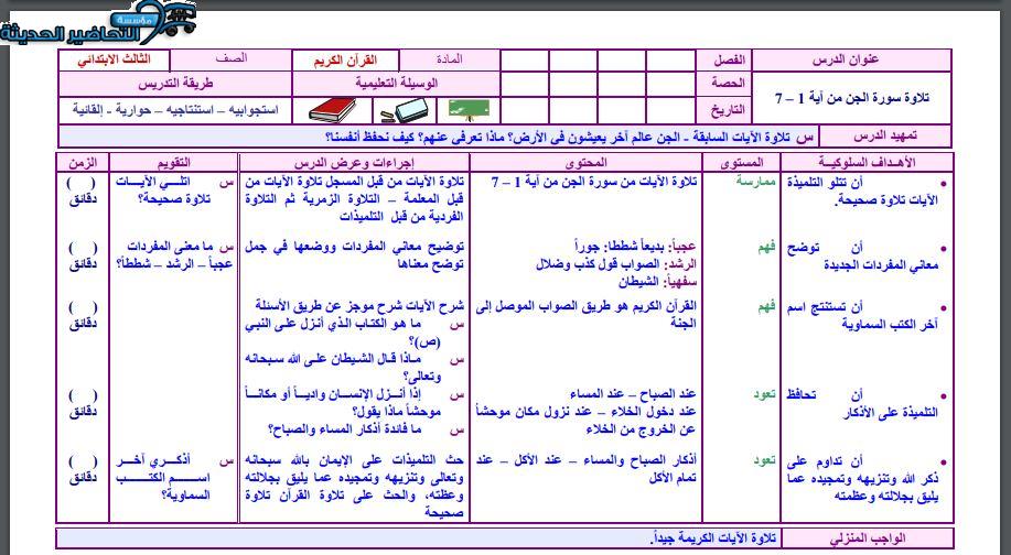 واجبات القرآن الكريم الصف الثالث الابتدائي الفصل الأول مدرستي