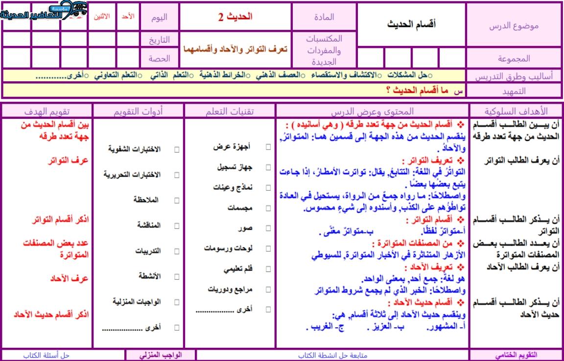 واجبات حديث 2 مقررات الفصل الأول مدرستي