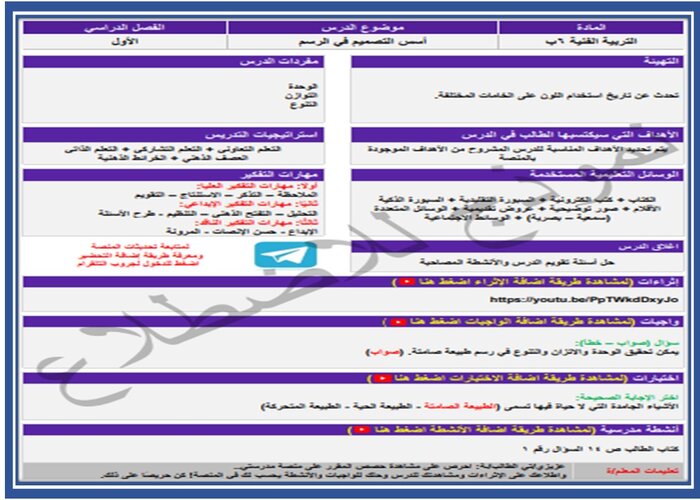 واجبات منصه مدرستي مادة تربية فنية الصف السادس الابتدائي الفصل الثاني 