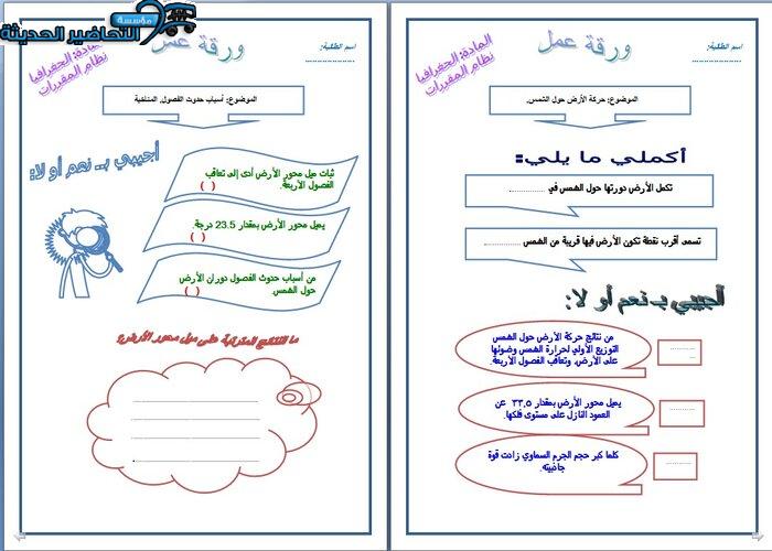 ورق عمل درس أسباب حدوث الفصول المناخية جغرافيا مقررات