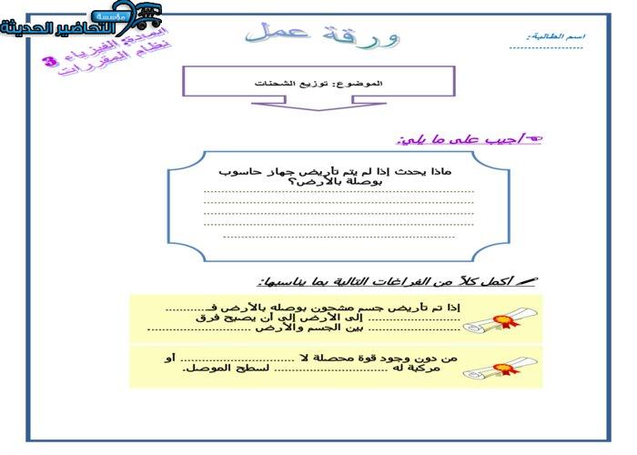 ورق عمل توزيع الشحنات فيزياء 3 مقررات
