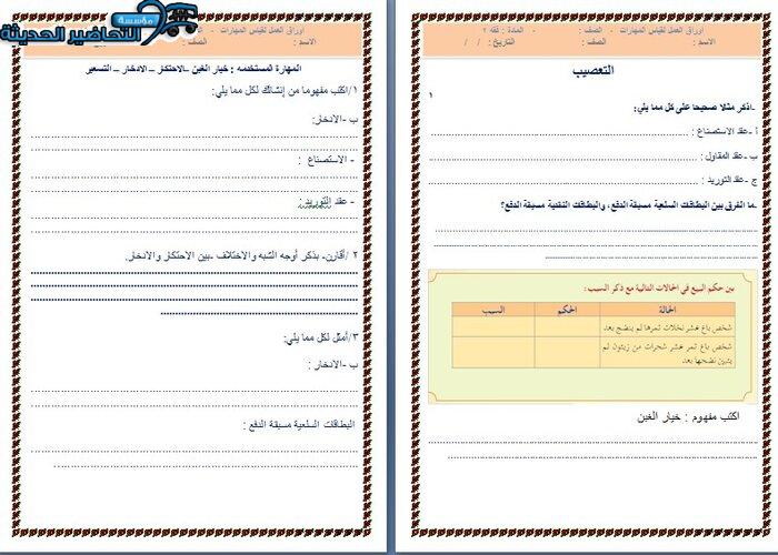 ورق عمل درس التعصيب مادة فقه 2 مقررات