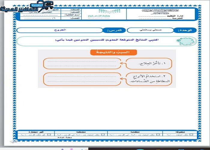 ورق عمل درس الجروح مادة التربية الأسرية للصف الخامس الابتدائي